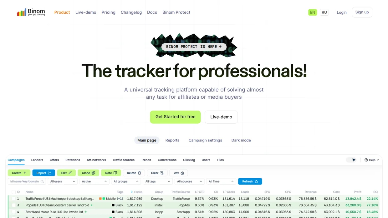 Binom self-hosted ad tracker homepage