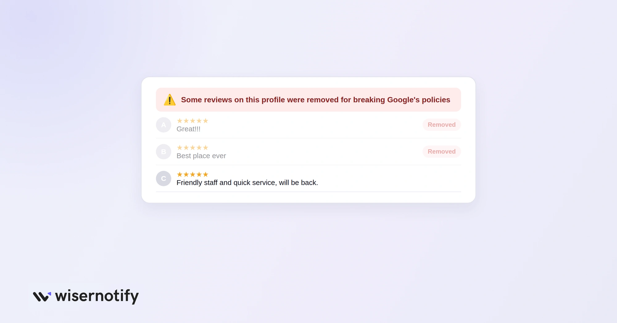 Google profile warning that reviews were removed for breaking policy