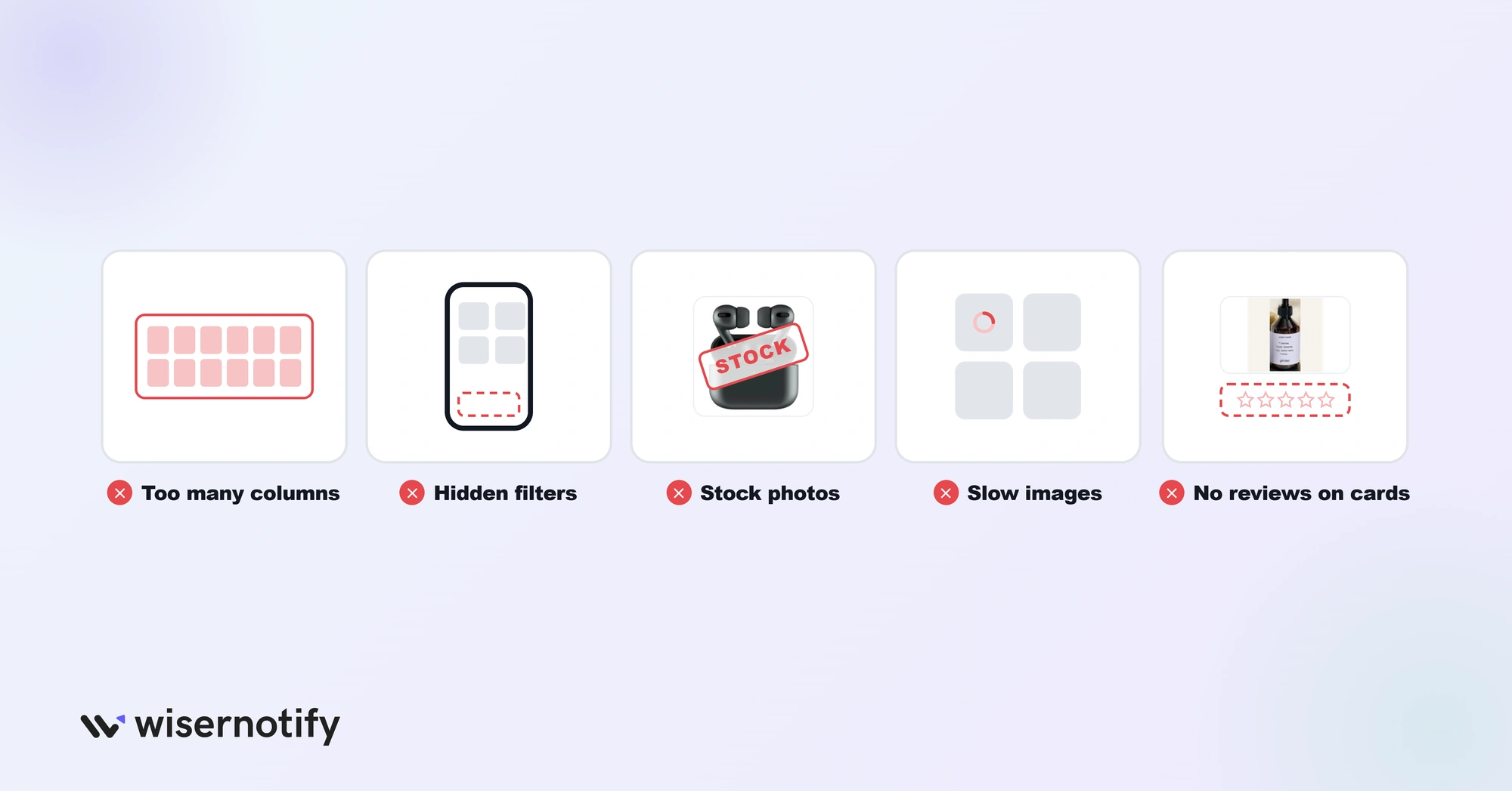 Common product listing page mistakes: too many columns, hidden filters, stock photos, slow images, no reviews on cards