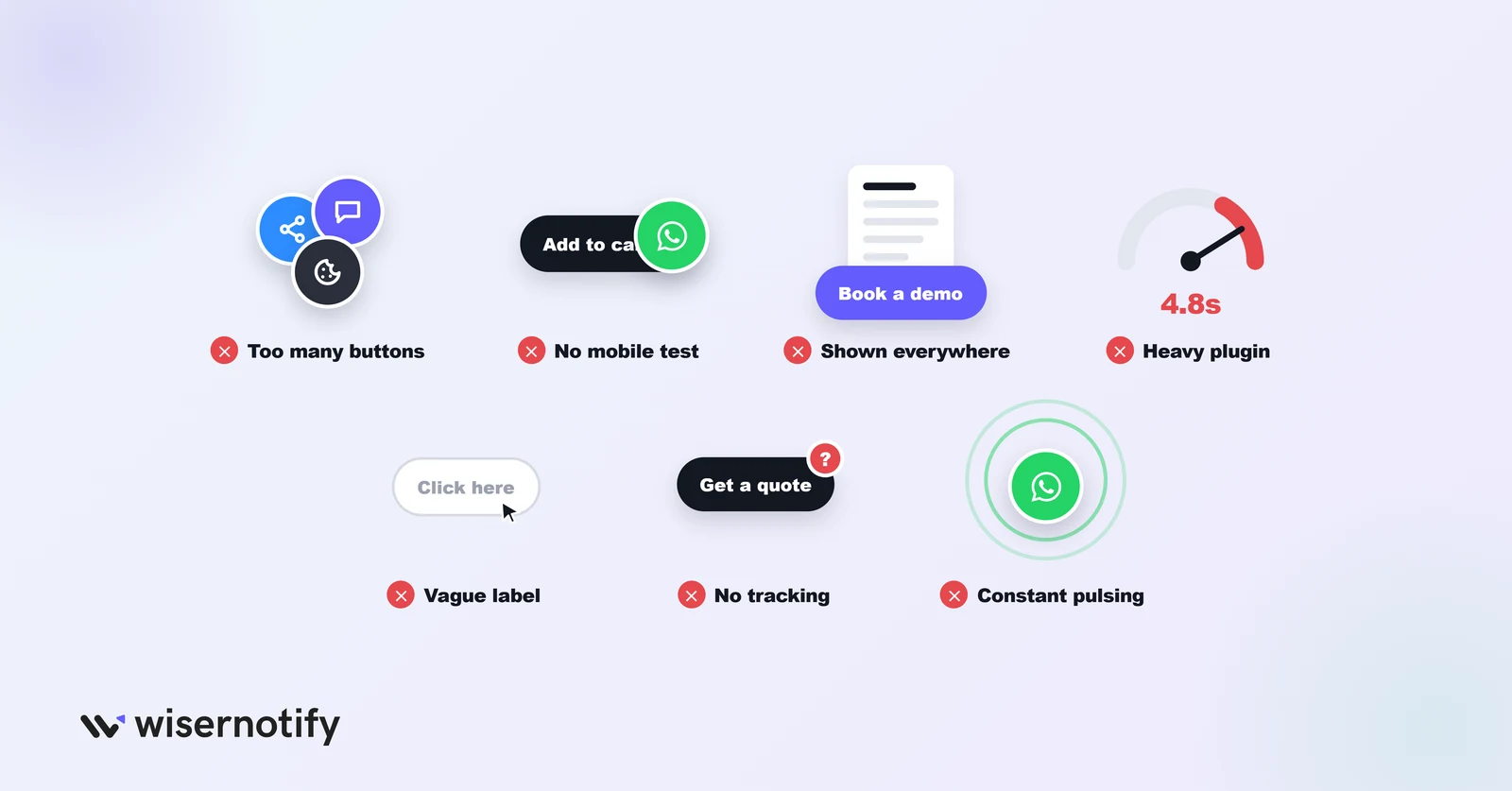 Common floating button mistakes: too many buttons, no mobile test, shown everywhere, heavy plugin, vague label, no tracking, constant pulsing