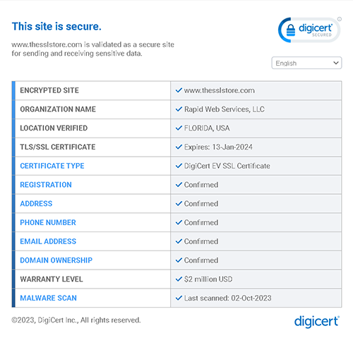DigiCert site seal showing verified site details