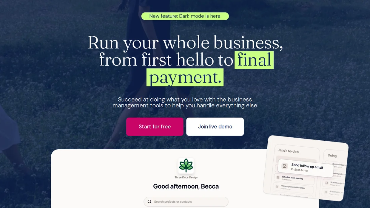 Dubsado business management platform homepage