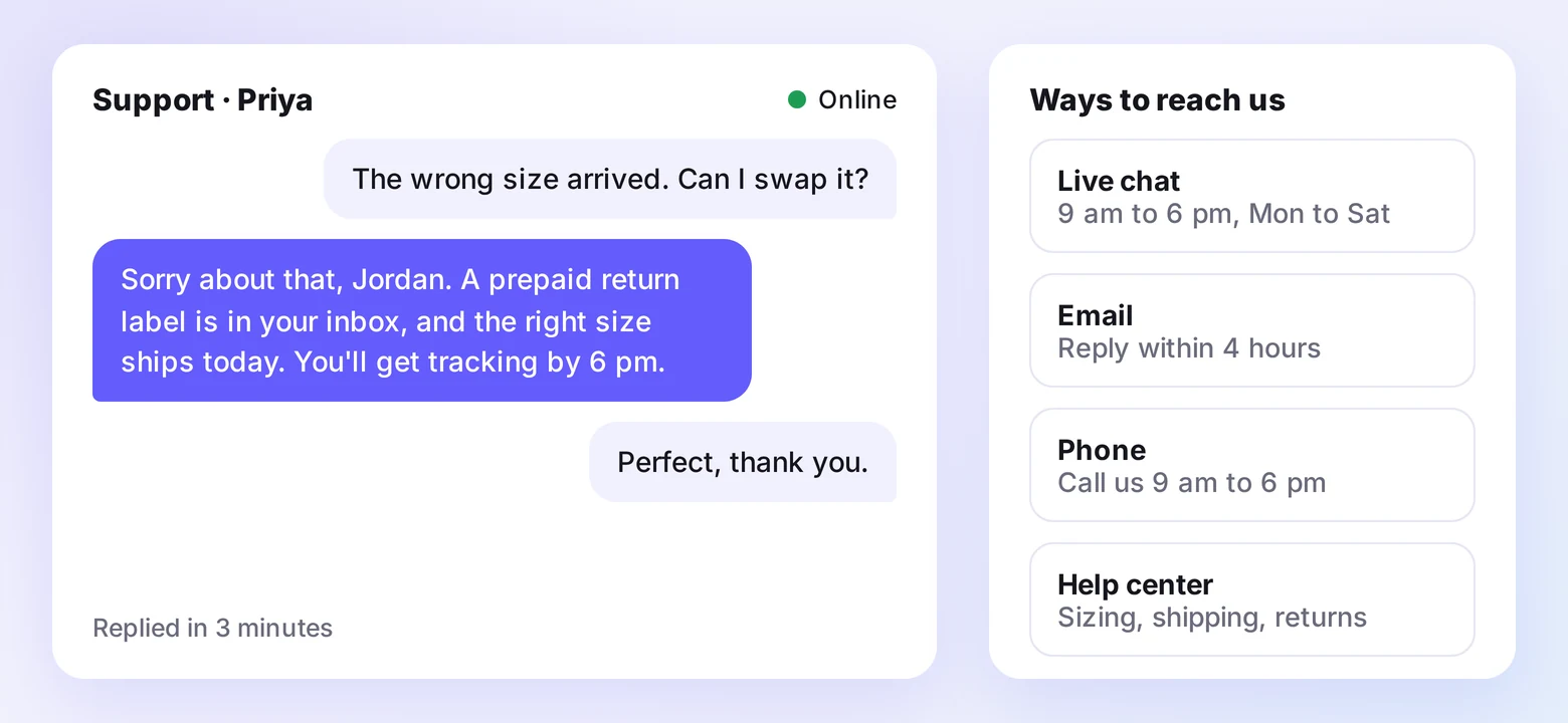 Support chat resolving a wrong-size order next to live chat, email, phone, and help center options