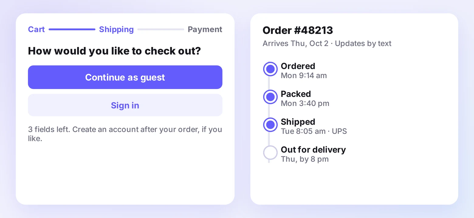 Checkout stepper with a continue-as-guest button and an order tracking timeline