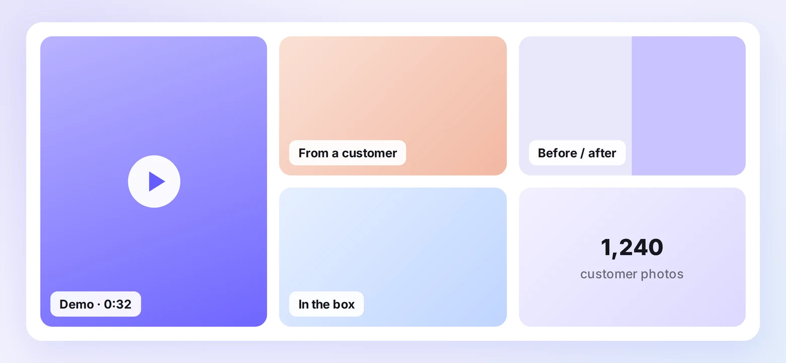 Product gallery with a demo video, a customer photo, a before and after pair, and an unboxing tile