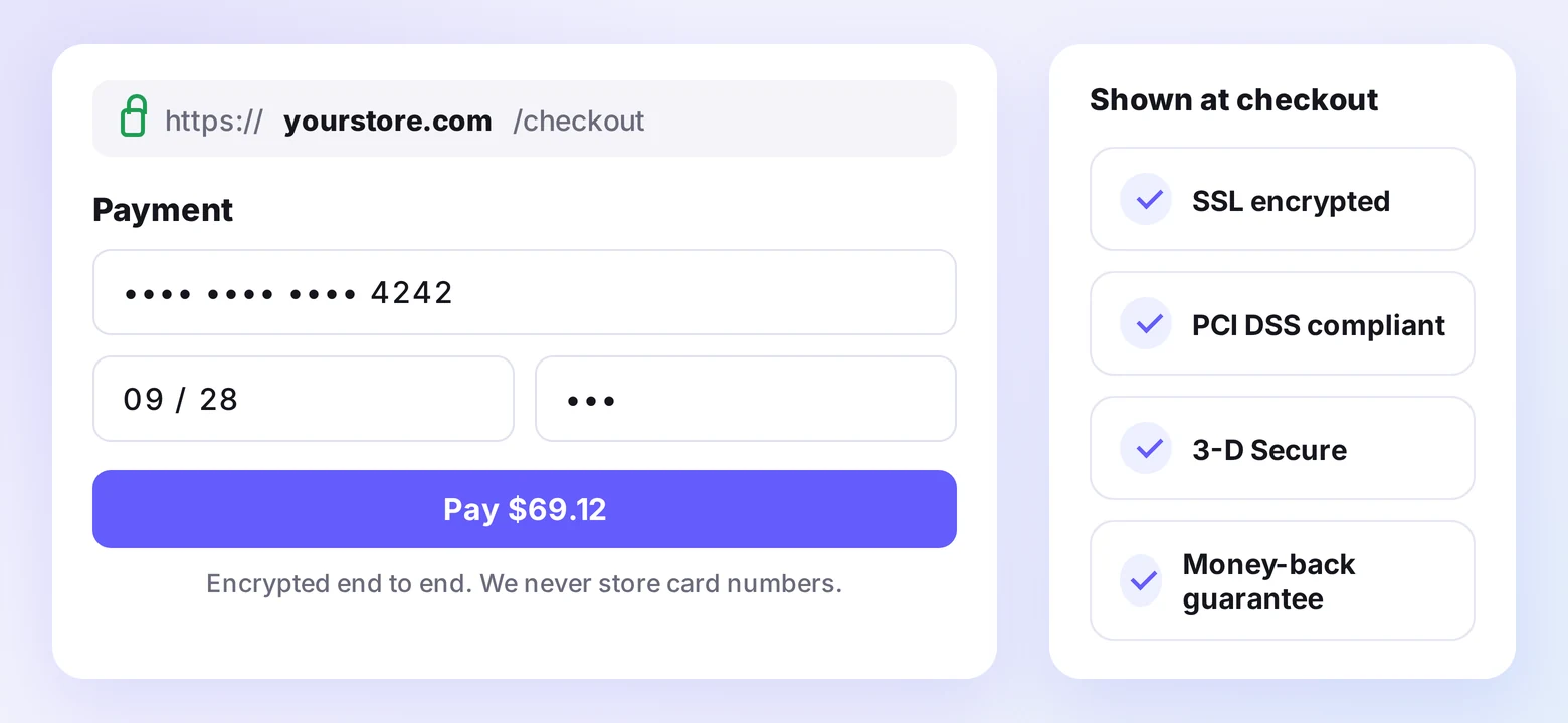 HTTPS checkout with a masked card field and trust badges for SSL, PCI DSS, and 3-D Secure