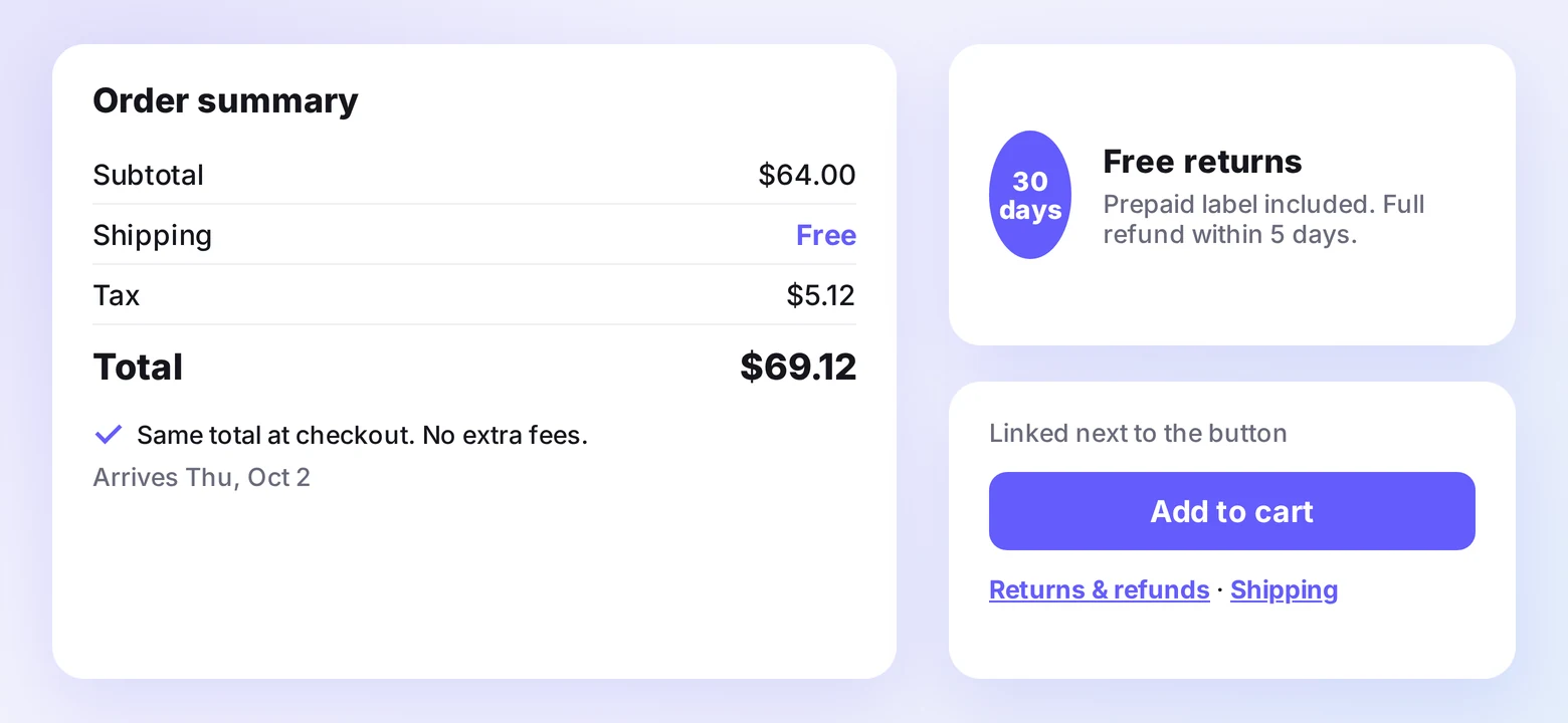 Order summary with the same total at checkout, a free returns seal, and policy links beside the cart button