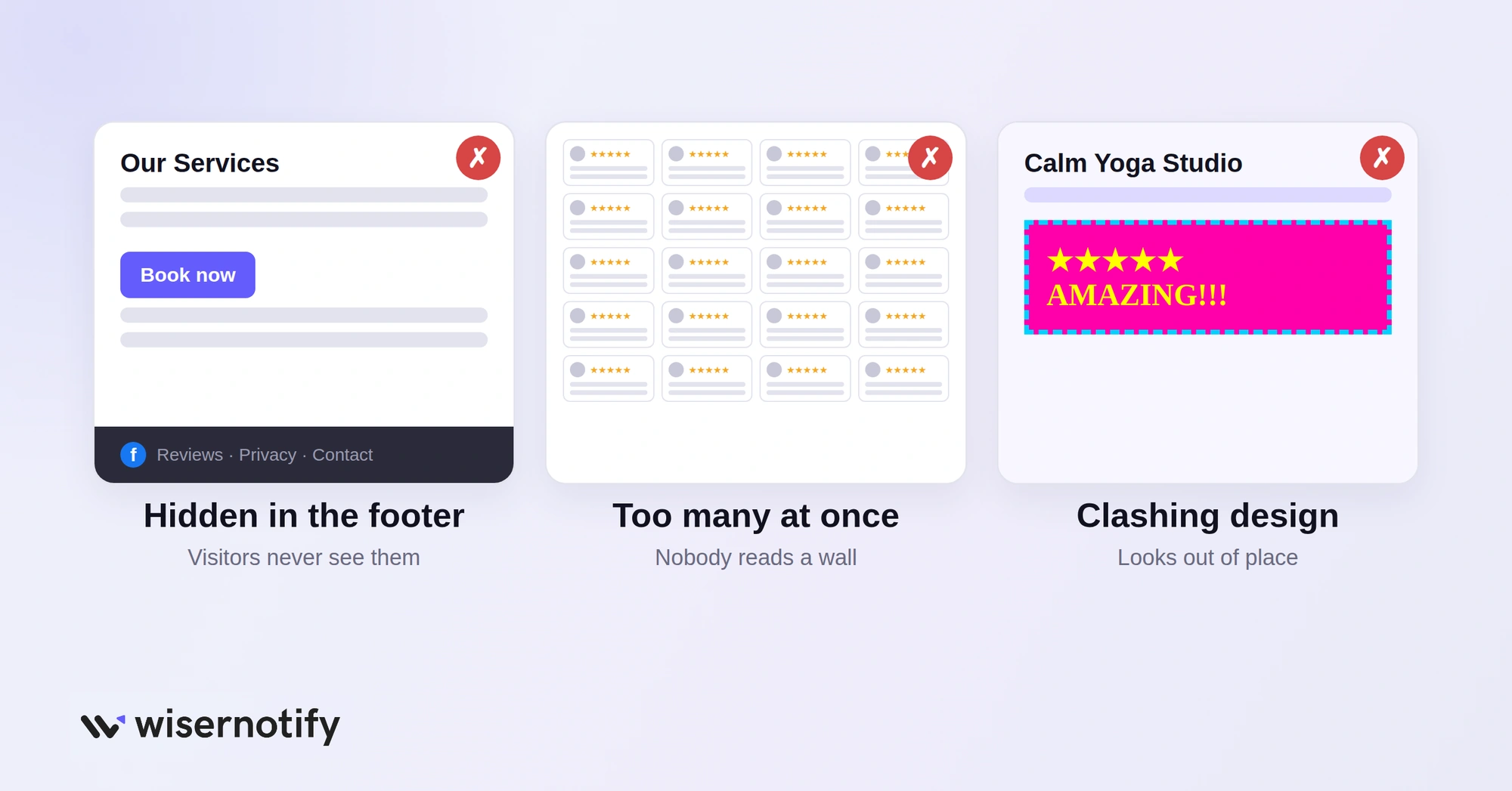 Facebook review display mistakes: reviews hidden in the footer, too many at once, and clashing design