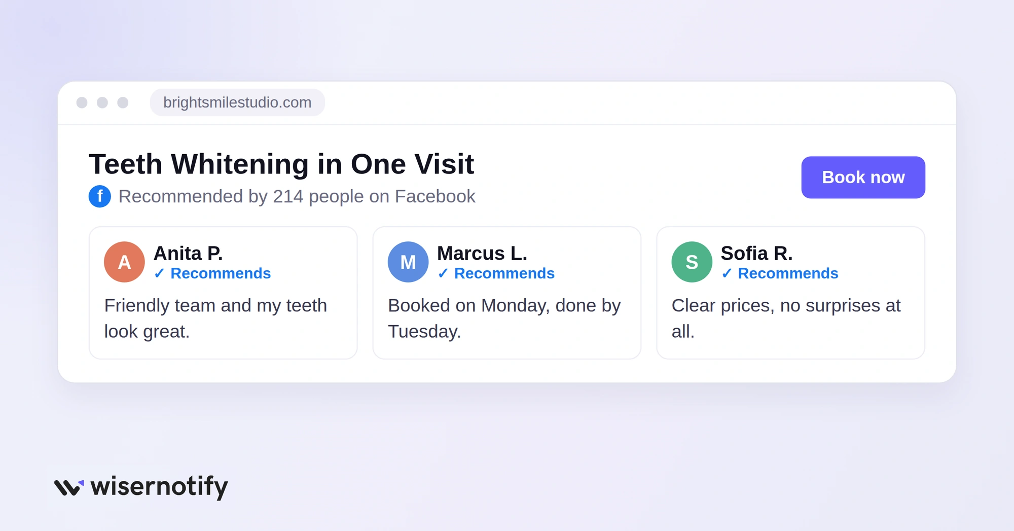 Website page showing Facebook recommendations next to a Book now button