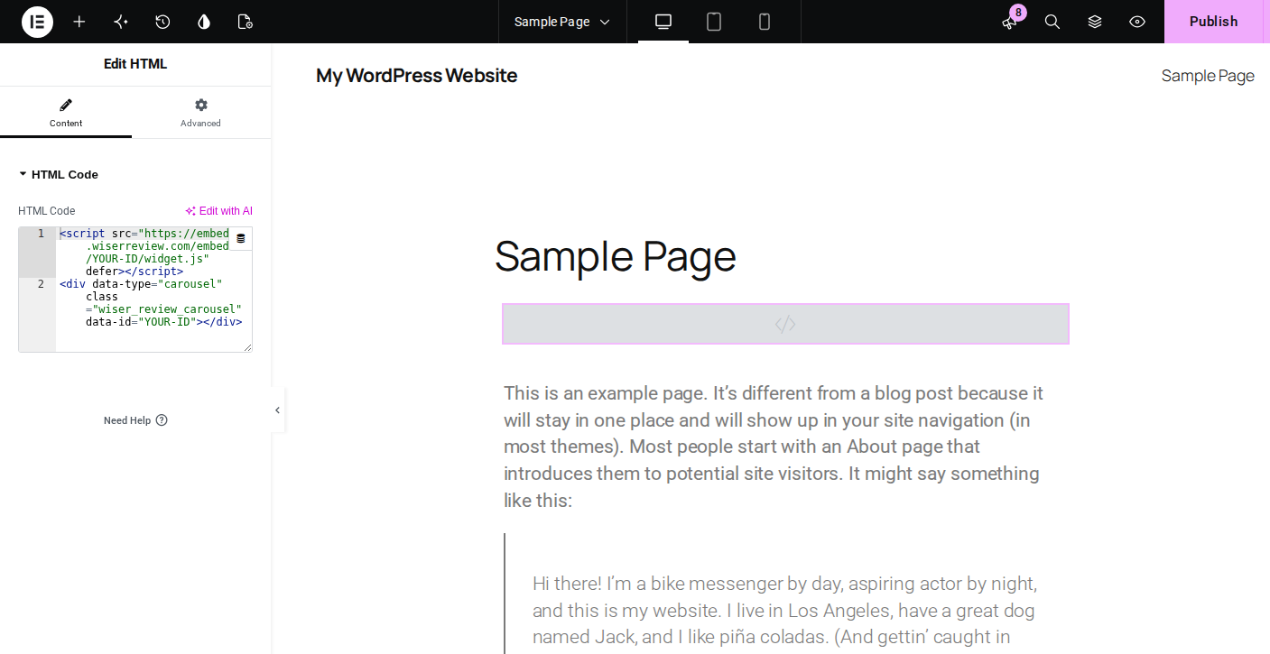 Paste the review widget code in an Elementor HTML widget