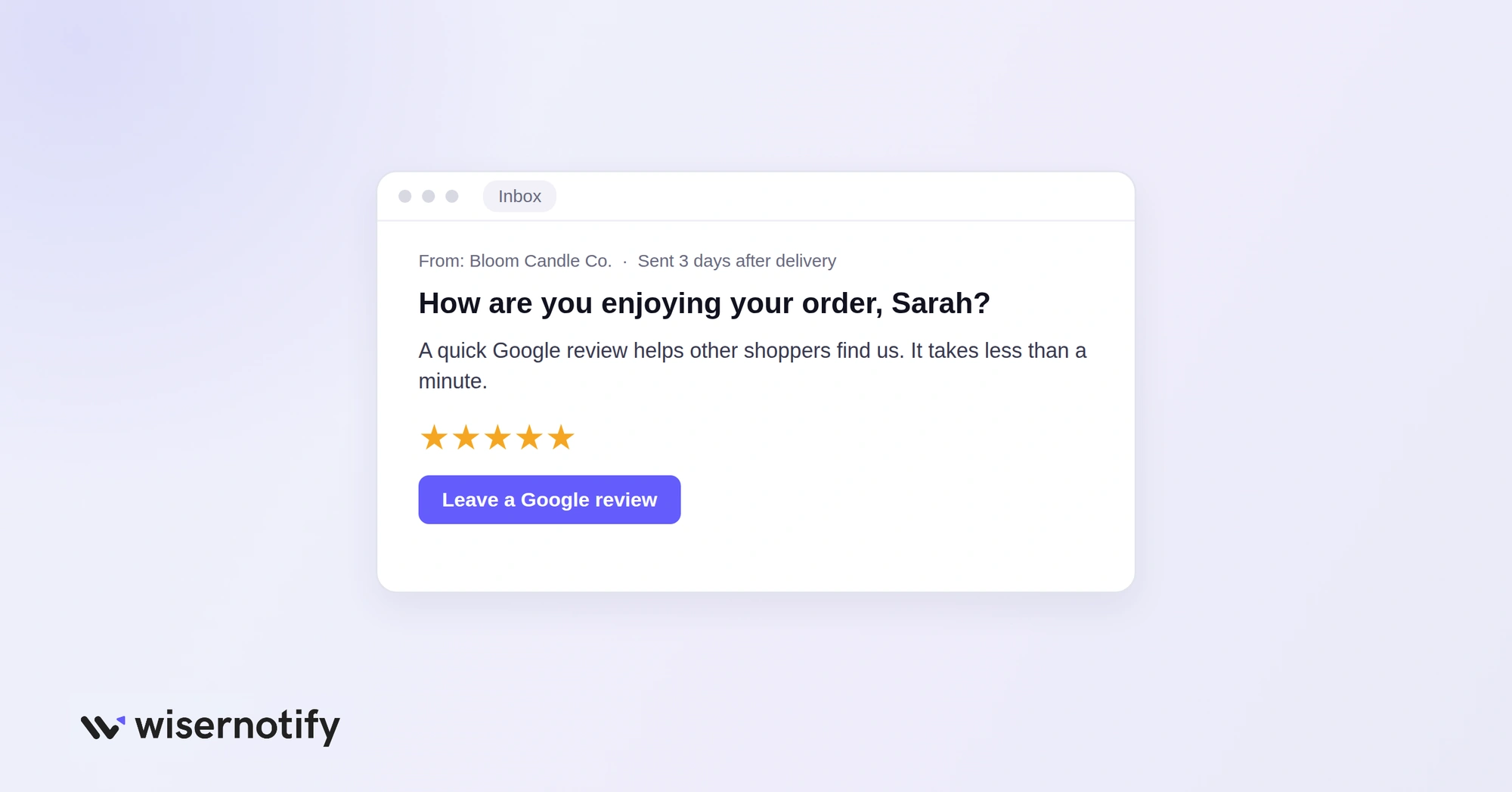 Email asking a customer for a Google review three days after delivery