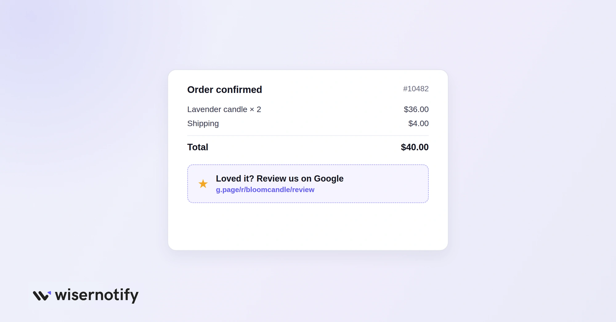 Order confirmation with a Review us on Google link