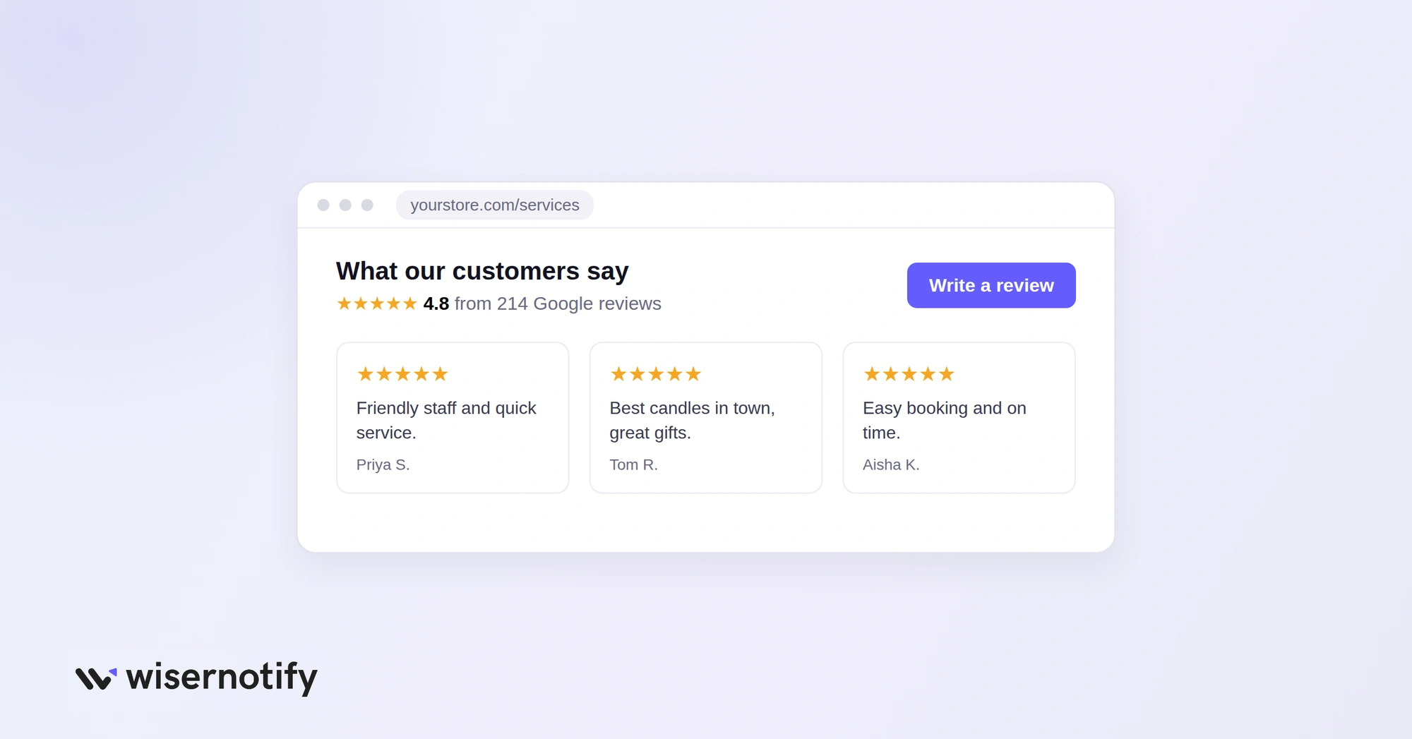 Website section showing Google reviews with a Write a review button