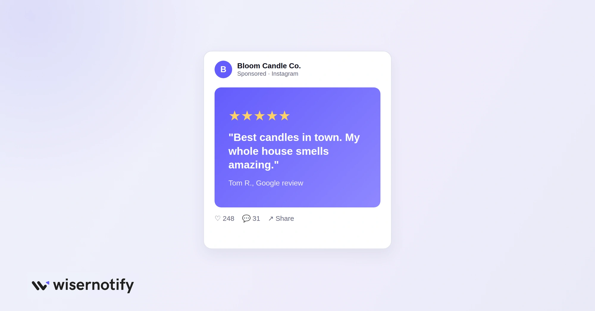 Social media post quoting a five-star Google review