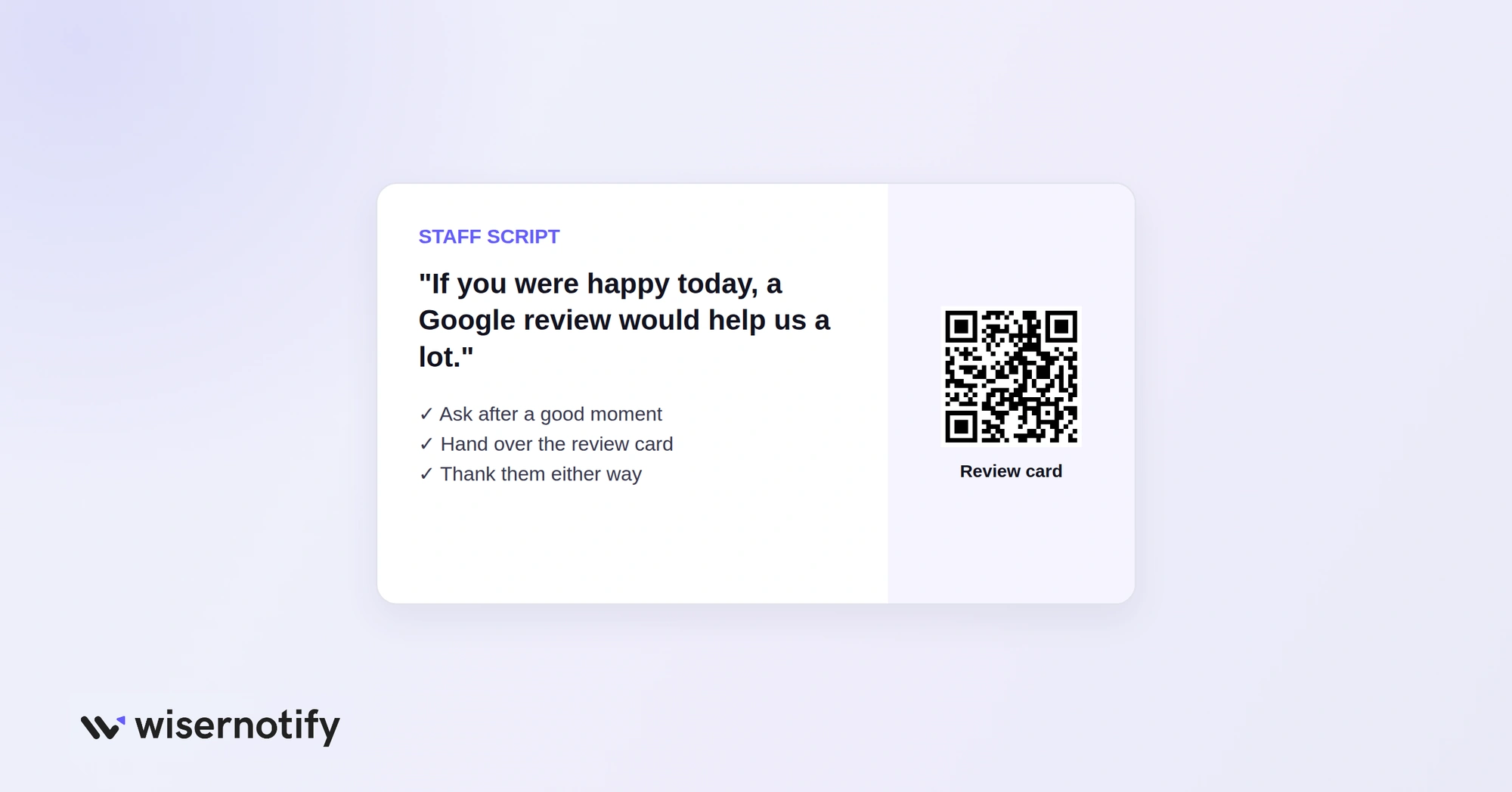 Staff script and review card for asking customers for Google reviews