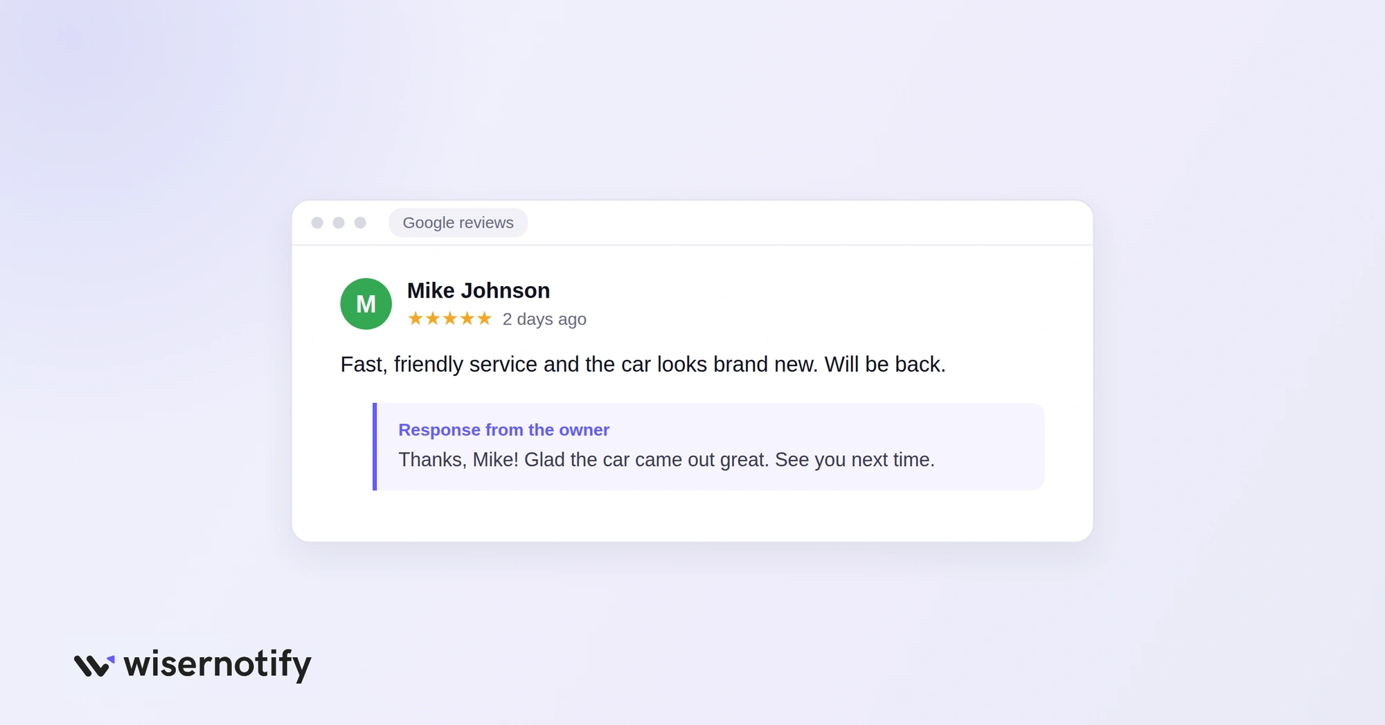 Step 3: owner reply to a five-star Google review
