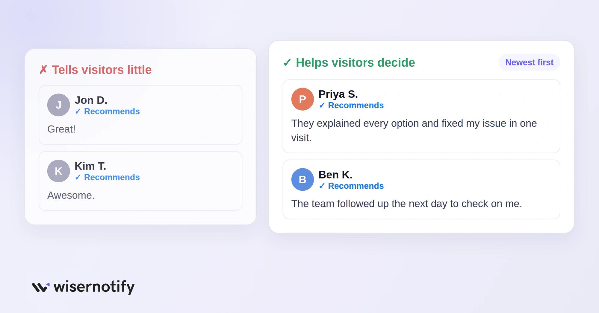 Vague Facebook reviews compared with detailed, helpful ones shown newest first