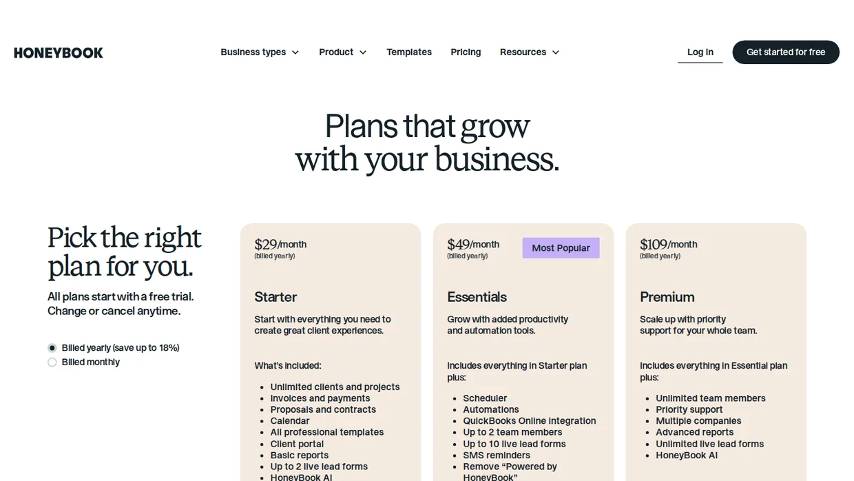 HoneyBook pricing page with Starter, Essentials, and Premium plans