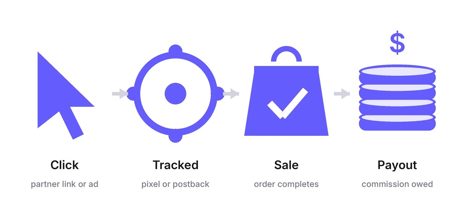 How performance marketing software works: click, tracked, sale, payout