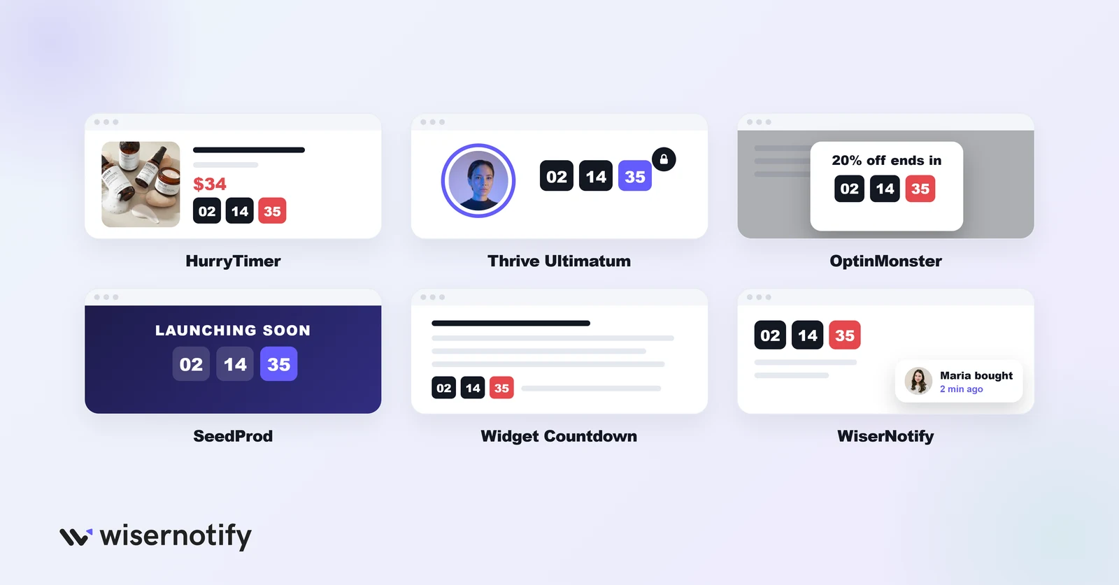 How to choose a countdown timer plugin: HurryTimer, Thrive Ultimatum, OptinMonster, SeedProd, Widget Countdown and WiserNotify use cases