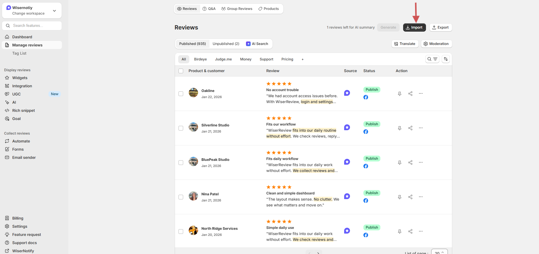 Import and manage reviews in WiserReview