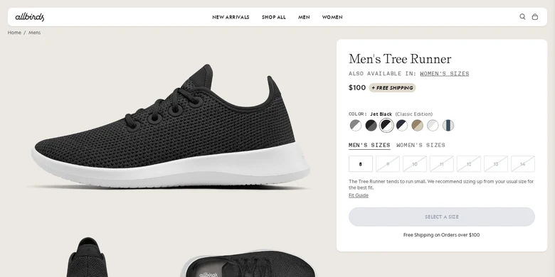 Allbirds Tree Runner product page example