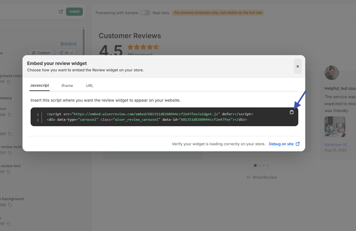 Copy the JavaScript embed code for a WiserReview widget
