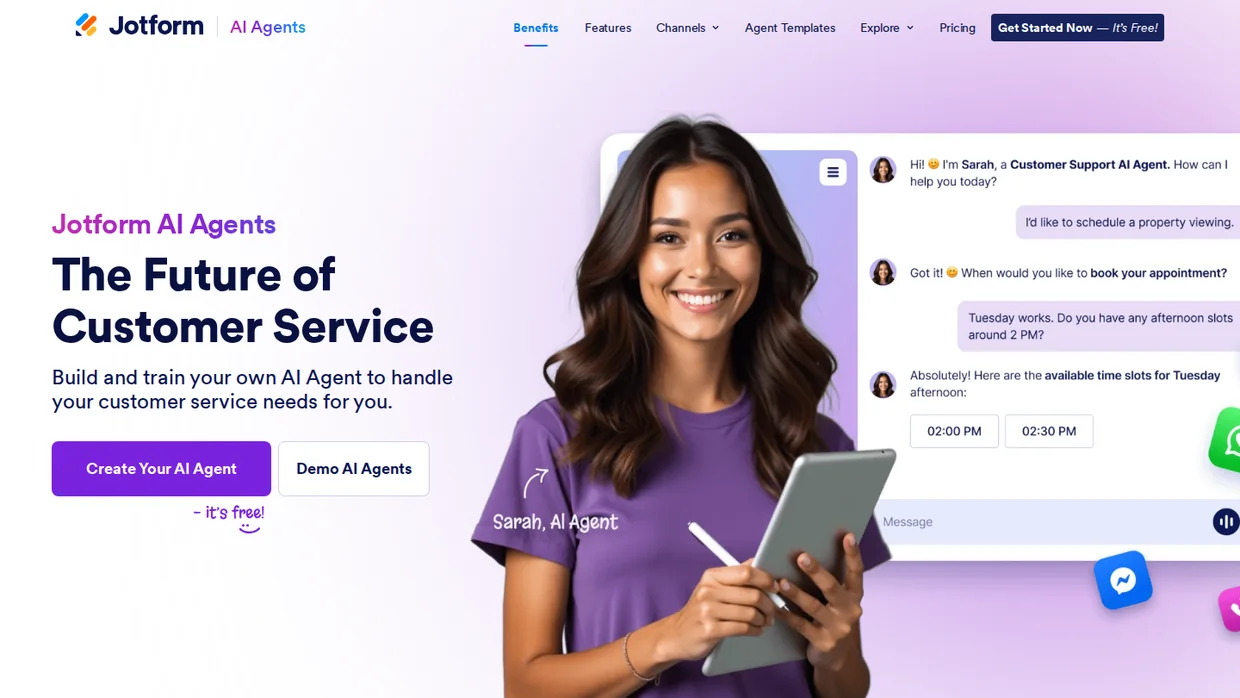 Jotform AI Agents page with a customer support agent chat