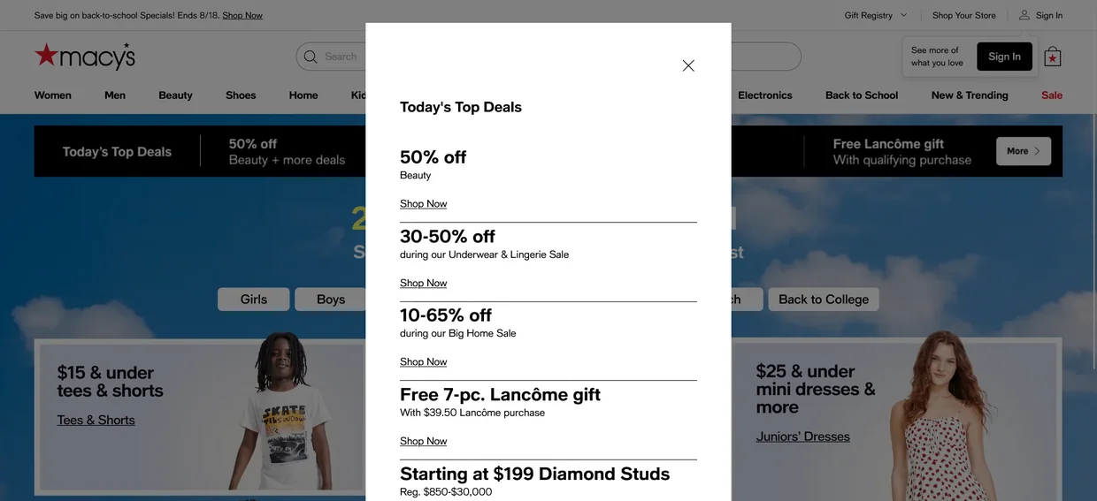 Macy's Today's Top Deals panel with a different discount for each category