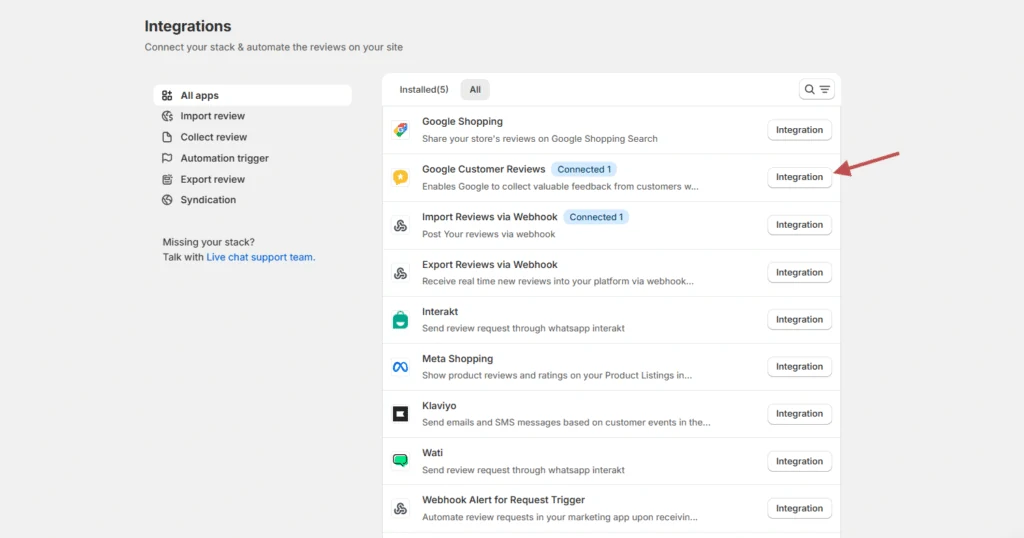 WiserReview integrations list with Google Customer Reviews highlighted