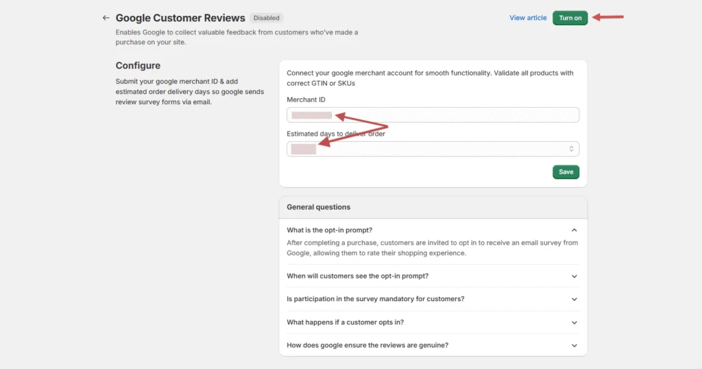 Google Customer Reviews setup in WiserReview with Merchant ID and estimated delivery days fields