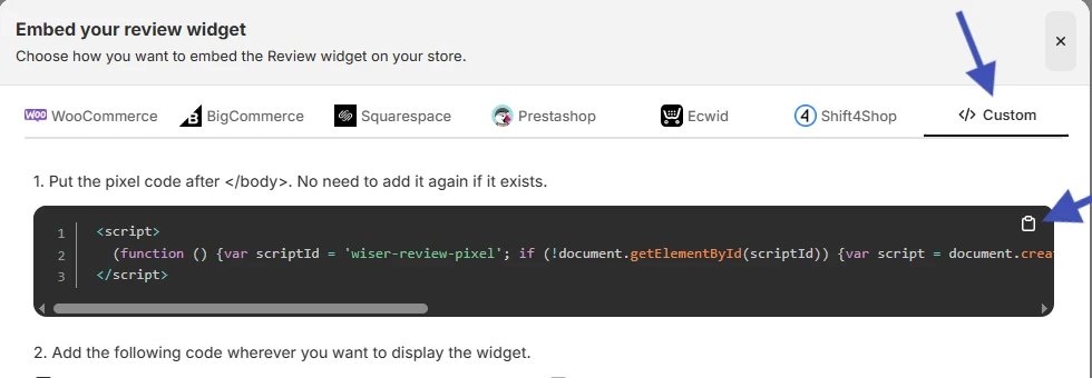 WiserReview embed panel with the Custom tab selected and the pixel code ready to copy