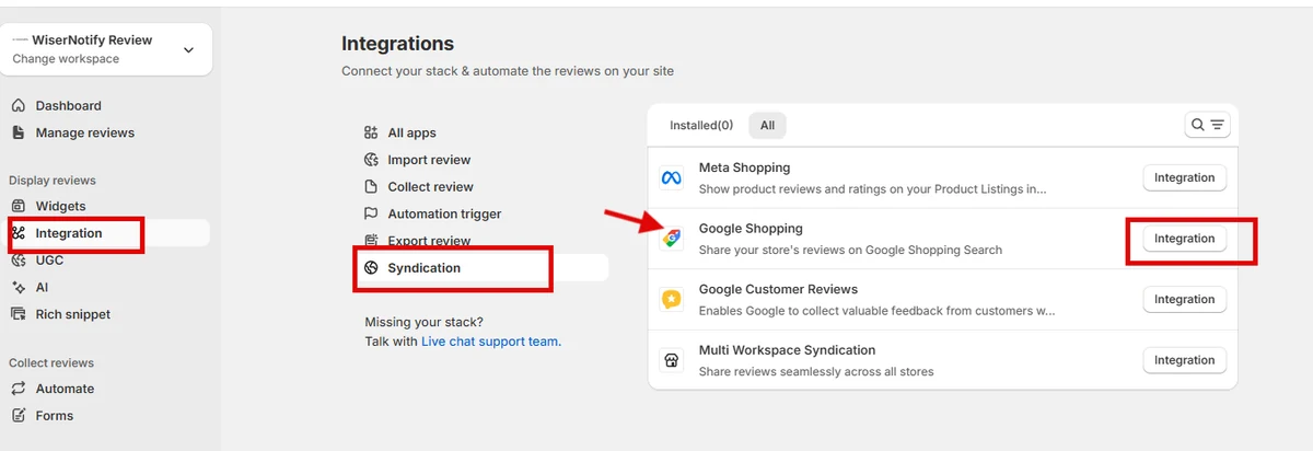 WiserReview Syndication section with the Google Shopping integration button