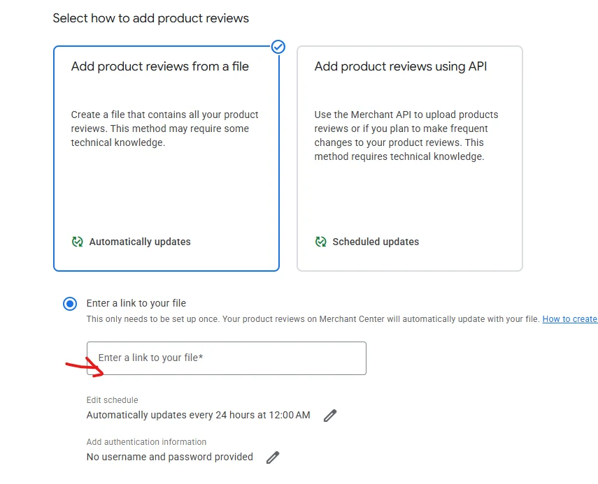 Merchant Center option to add product reviews from a file with a field for the feed link