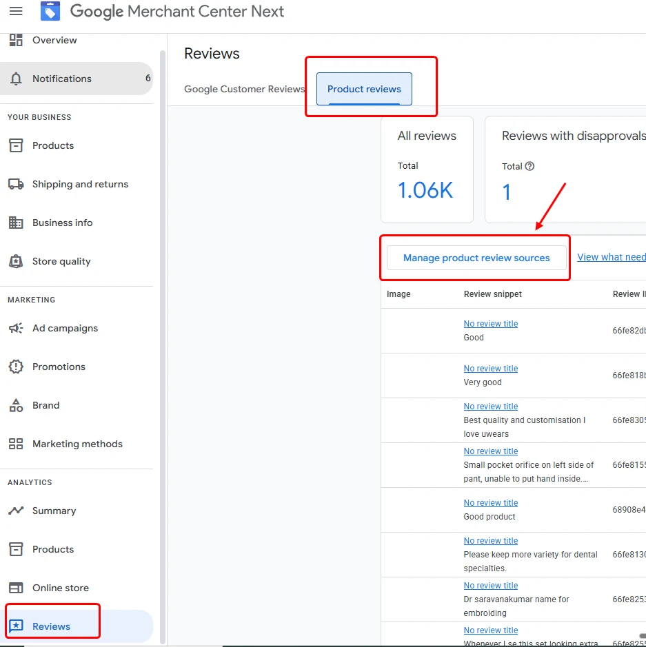Google Merchant Center Reviews page with the Product reviews tab and review sources link