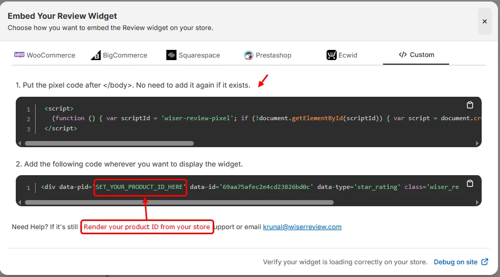 WiserReview star rating embed panel with the product ID placeholder highlighted