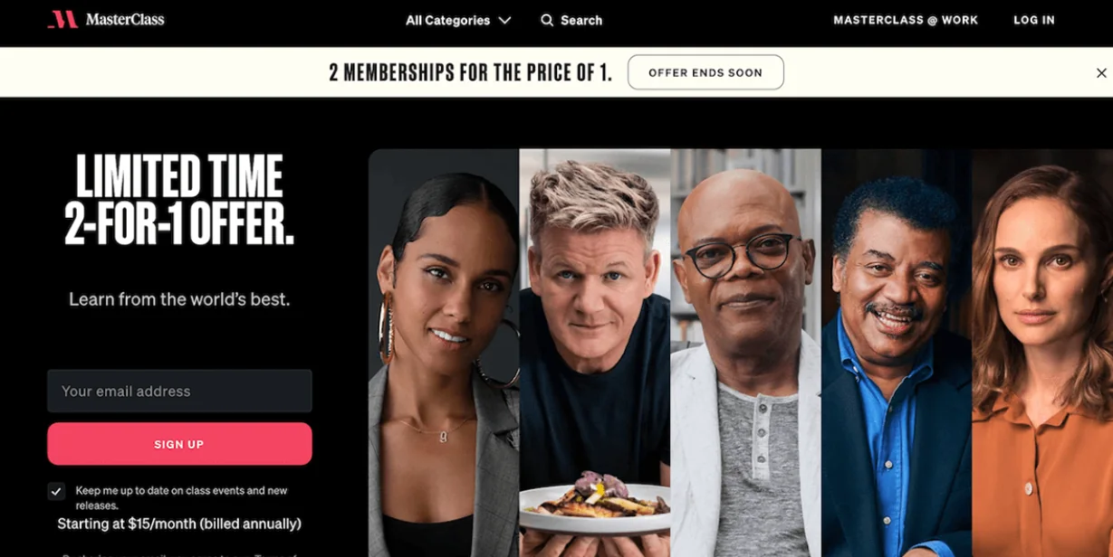MasterClass limited-time 2-for-1 membership offer