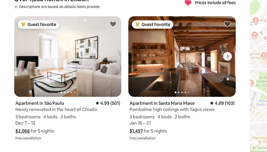 Airbnb listings with Guest favorite badges, ratings with review counts, and all-fees pricing