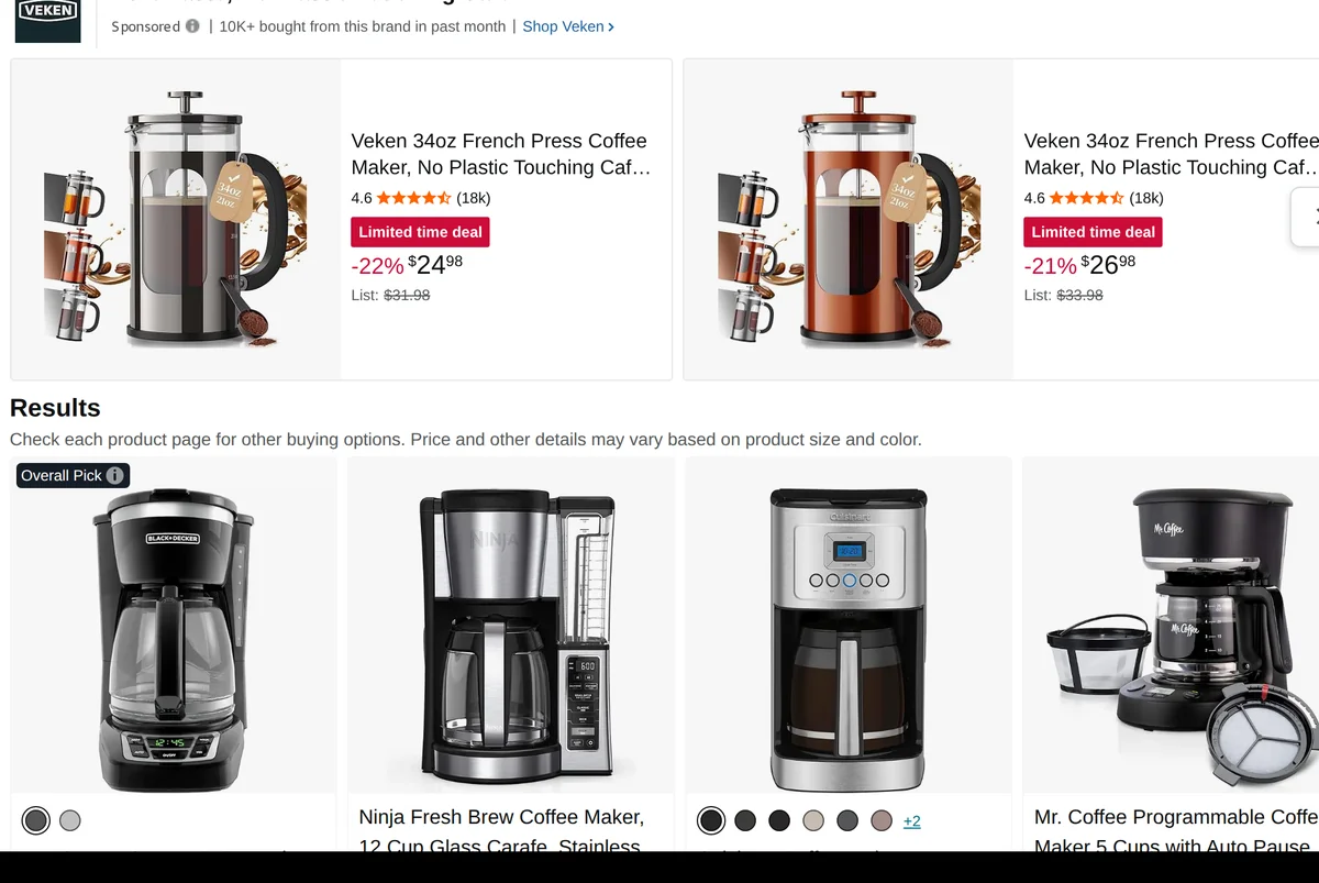 Amazon search results with an Overall Pick label, a Limited time deal tag, and a bought-in-past-month count