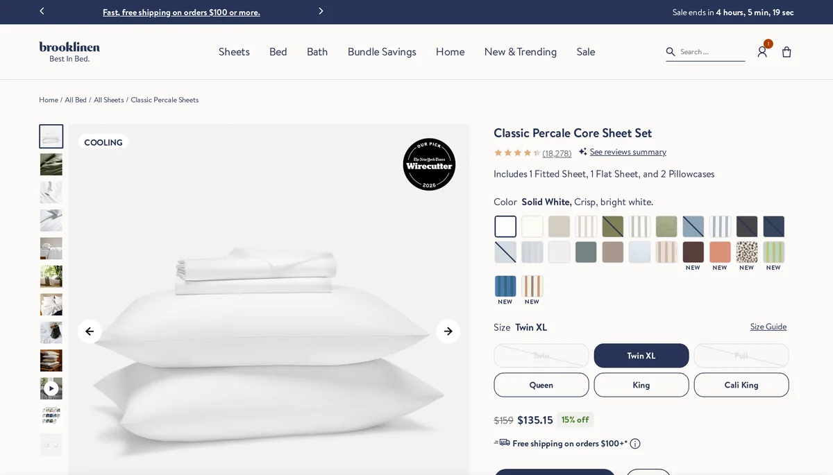 Brooklinen product page with a sale countdown in the header, a free shipping bar, and a struck-through sale price