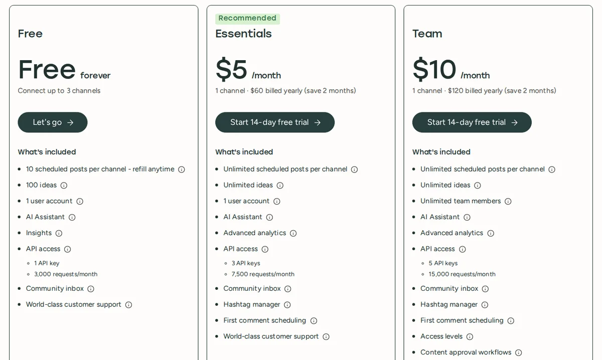 Buffer pricing page with the Essentials plan marked Recommended