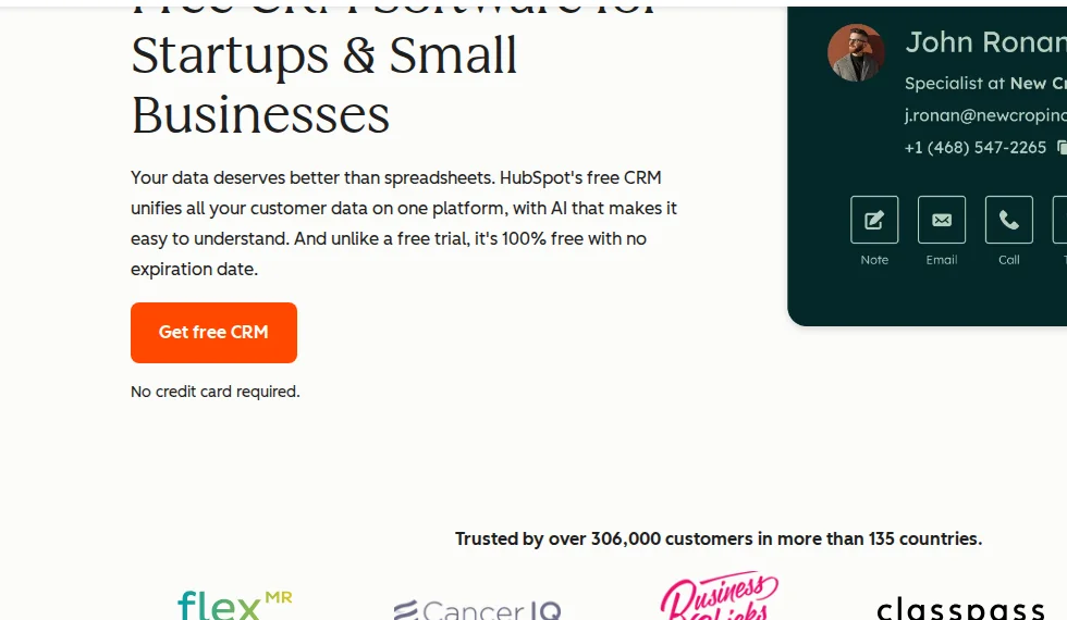 HubSpot free CRM page with no credit card required and a customer count