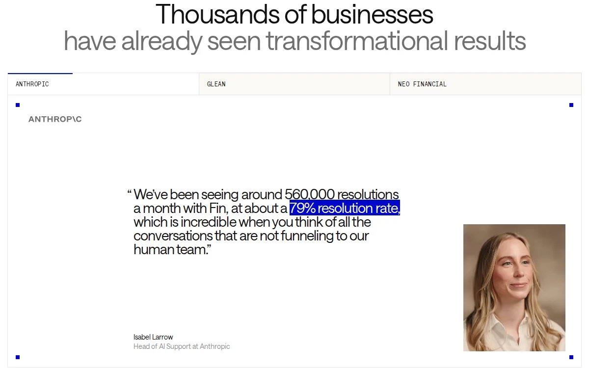 Intercom pricing page customer quote with a name, job title, and result