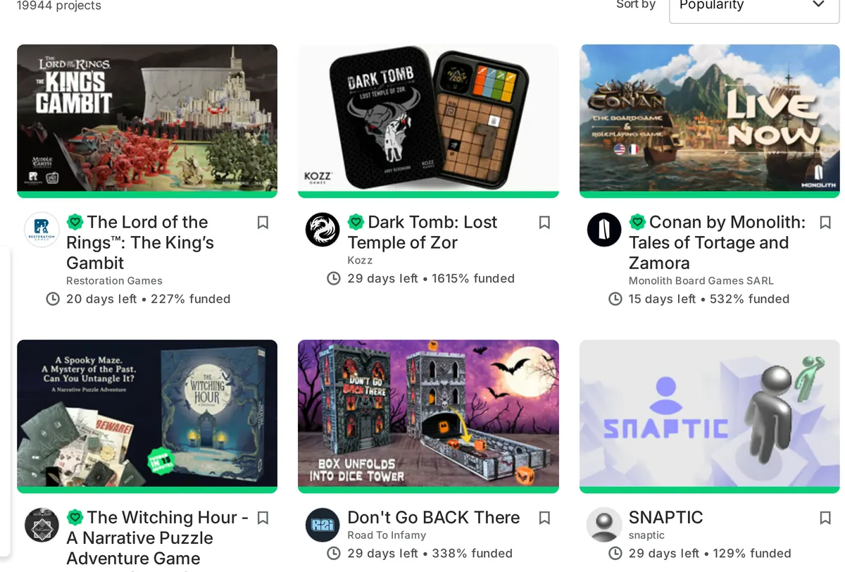 Kickstarter project cards showing days left and percent funded