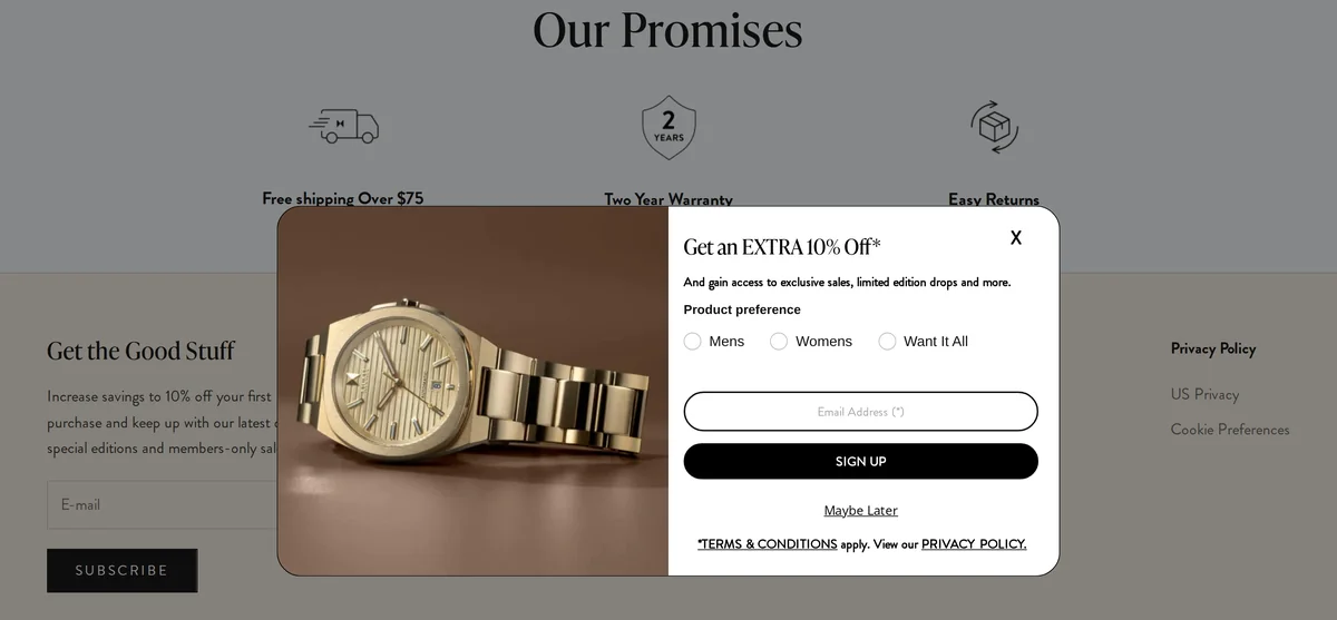 MVMT email signup offer over a promises row with free shipping over $75, a two-year warranty, and easy returns