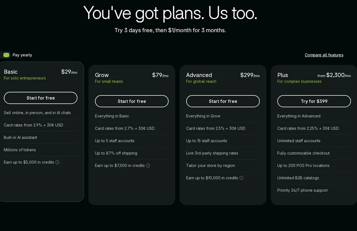 Shopify pricing page offering three days free then a low monthly price