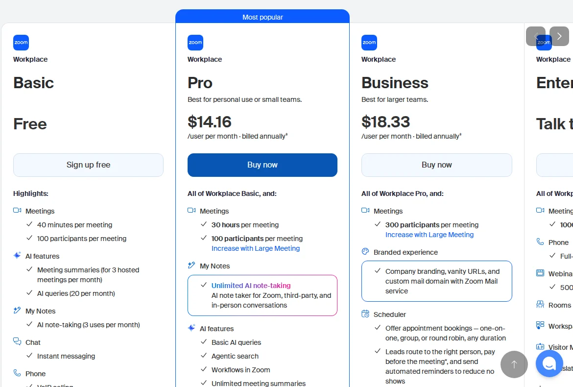 Zoom pricing page with the free Basic plan and its 40-minute meeting limit
