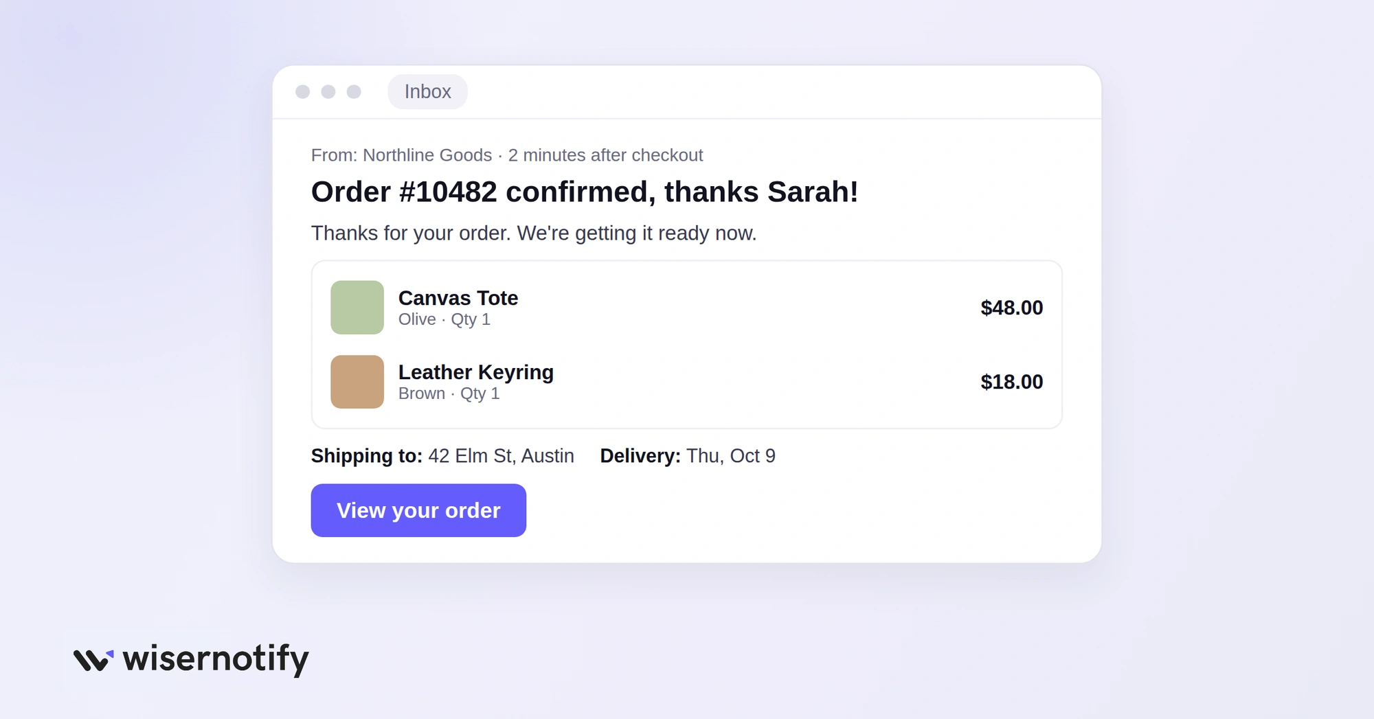 Order confirmation email with order items, shipping address, delivery date and a View your order button