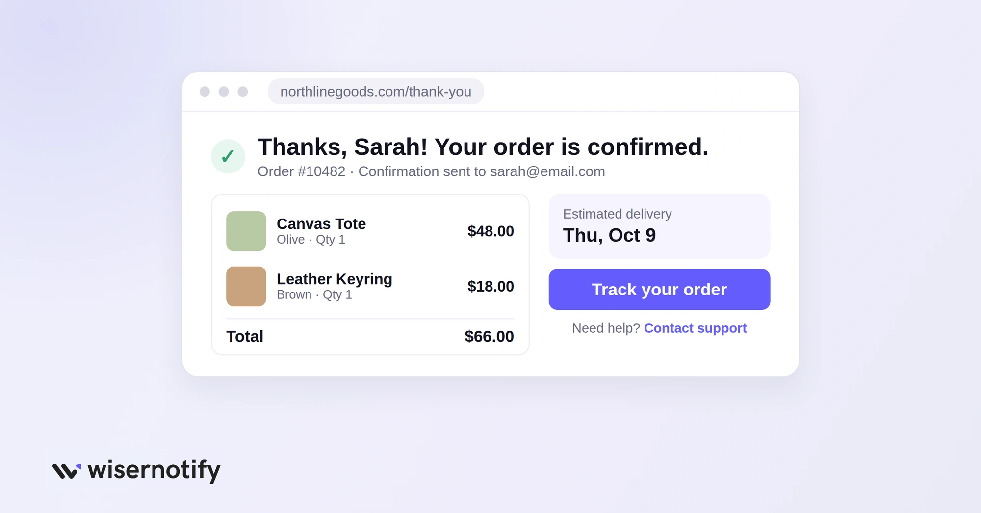 Order confirmation page showing order number, items, total, delivery date and a Track your order button