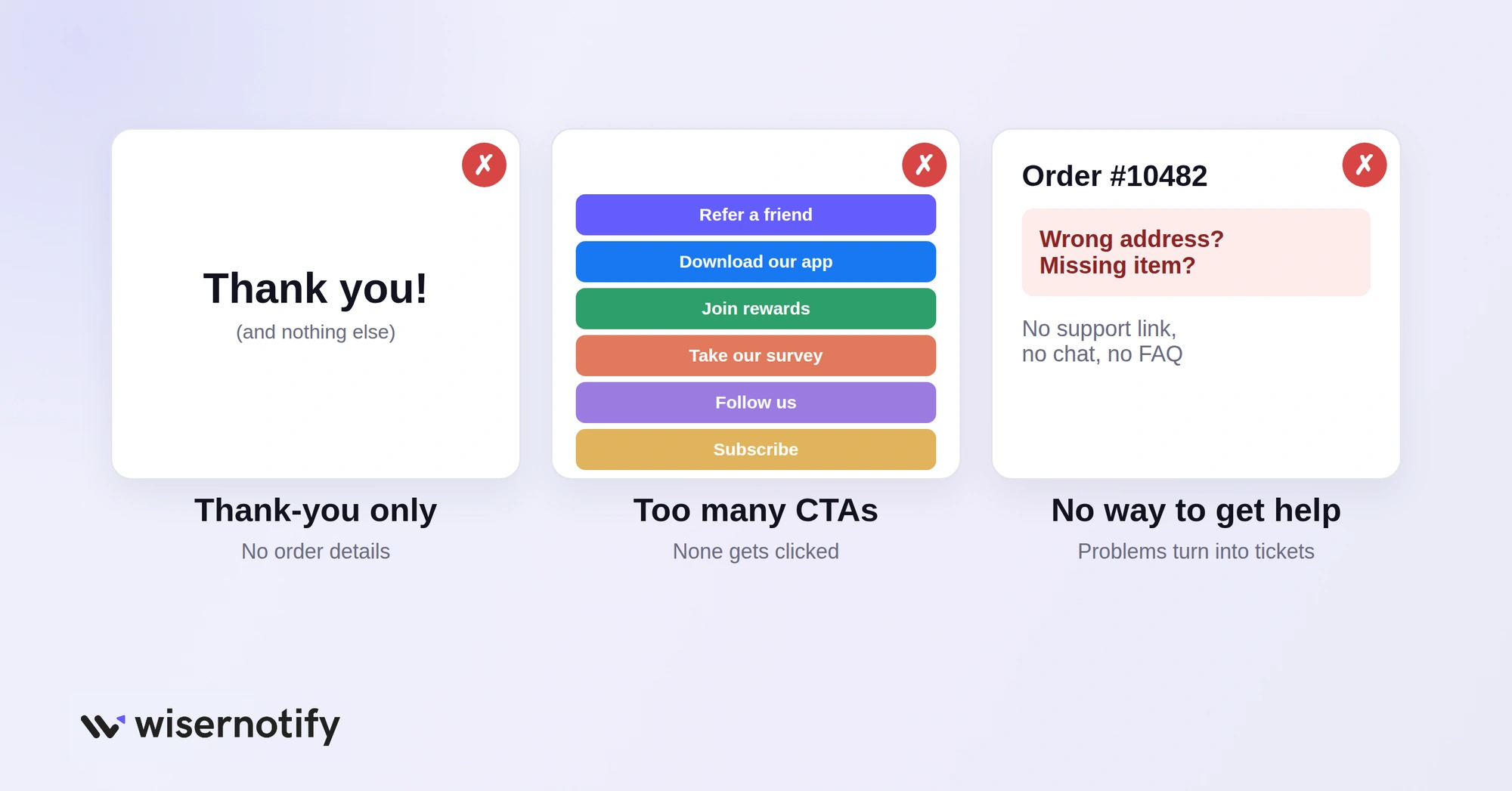 Order confirmation page mistakes: thank-you only, too many CTAs, no way to get help